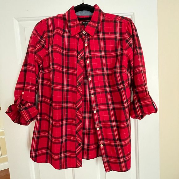 Talbots Red Plaid Long Sleeved Roll Up Shirt (Medium) - Picture 4 of 6